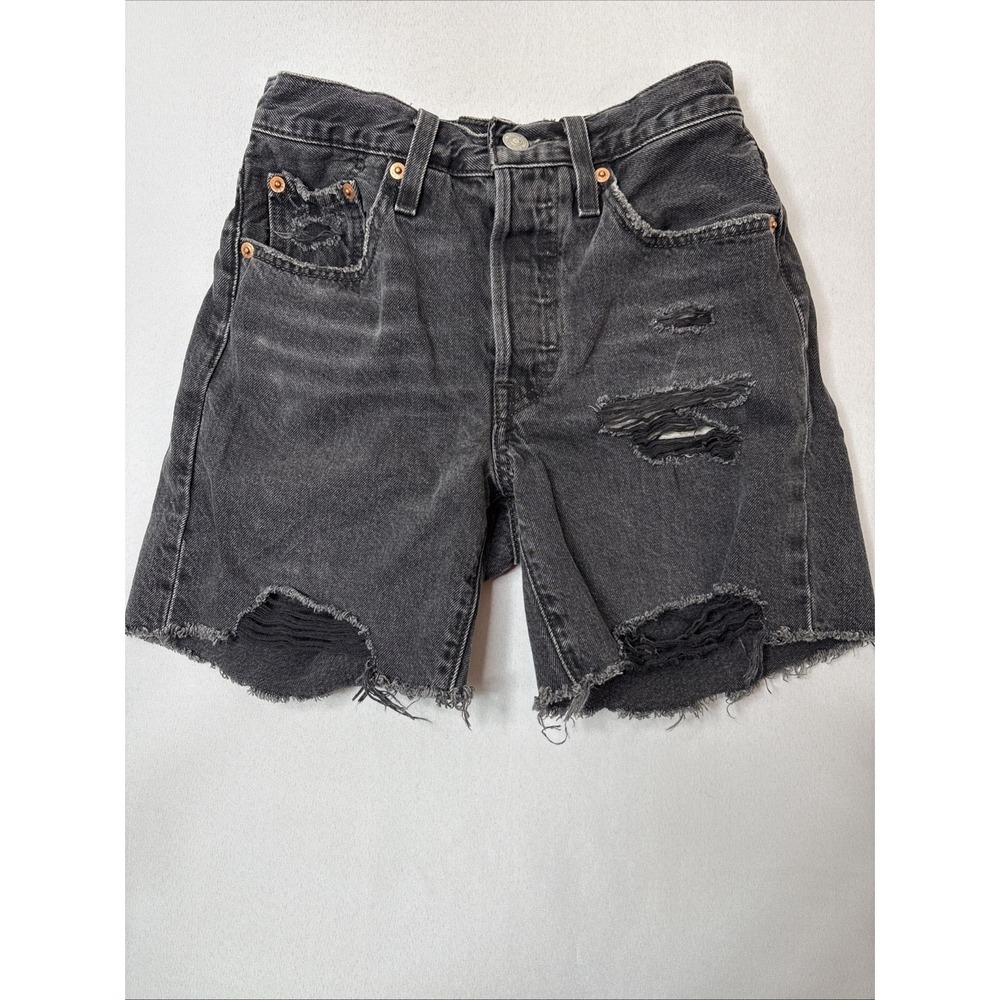 Levis 501 Denim Shorts Womens 24 Black Jorts Button Fly Distressed Cutoff Grunge
